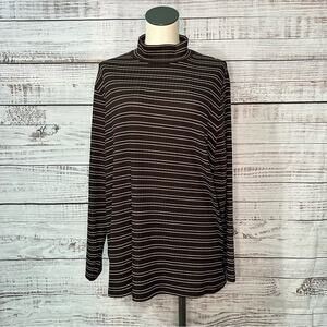 Lands' End 2x 20-22 Brown Ribbed Mock Neck Long Sleeve Shirt Stripes Rayon Blend